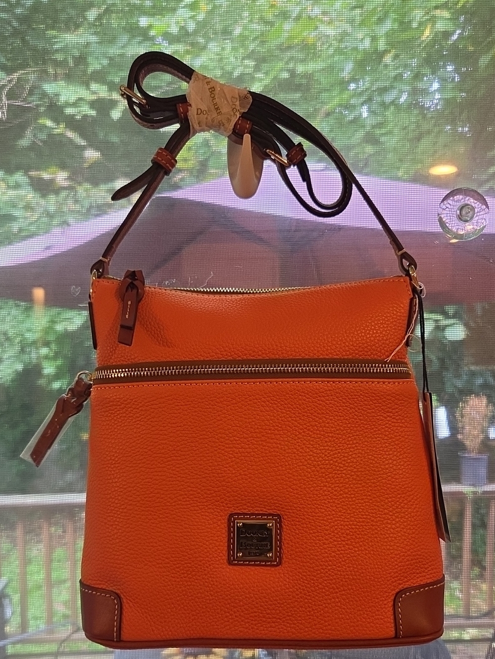 Dooney & Bourke Orange Pebble Leather Crossbody with Brown Trim